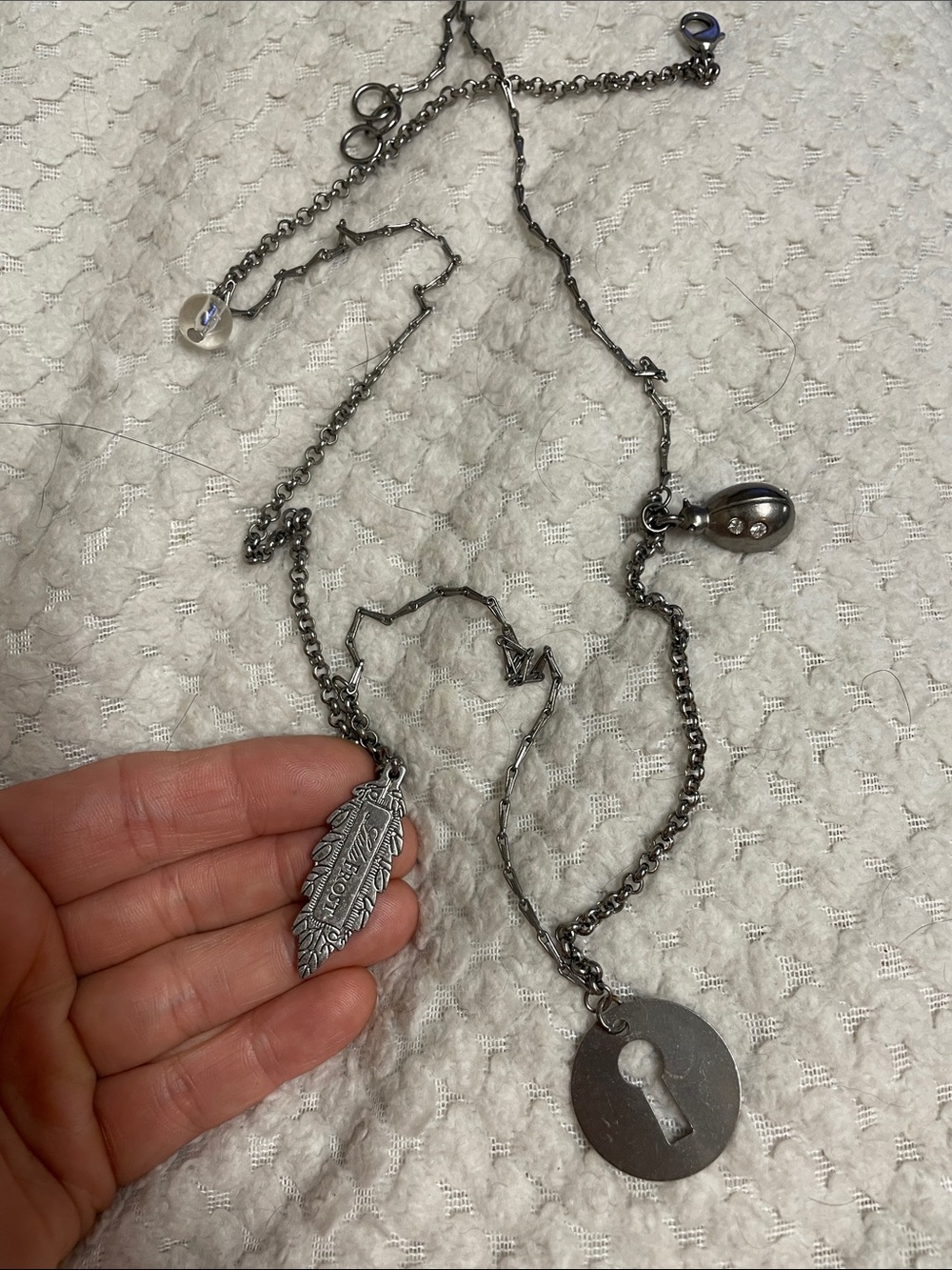 Lulu frost Silver long Keyhole, logo Feather, bug and bead Pendant Necklace